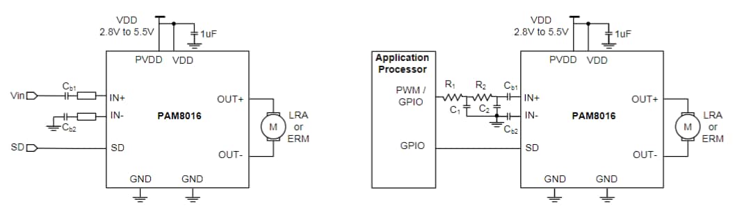 アプリケーション回路図 - Diodes Incorporated PAM8016ハプティック・ドライバ